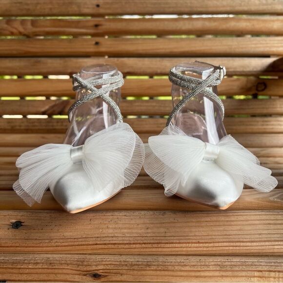 Lulus Lelanee White Satin Rhinestone Bow Ankle Strap Pumps - Picture 11 of 16